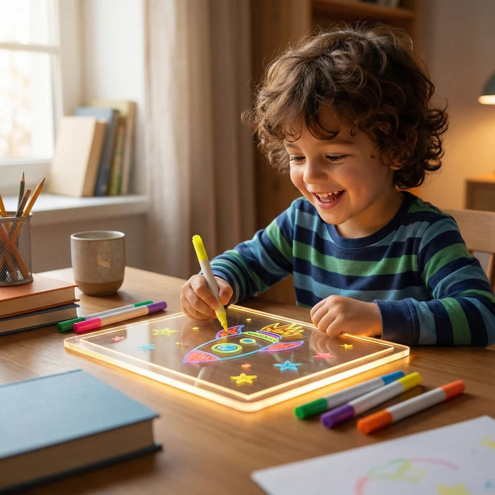 Pizarra Mágica con LED para niños | Superficie reutilizable con luz para notas creativas, arte y aprendizaje ✨